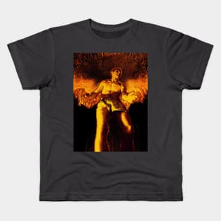 Portrait, digital collage and special processing. Angel in underpants in room. Astonishing. Orange and yellow. Fire. Kids T-Shirt